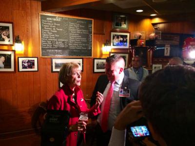 Democratic candidate for governor Attorney General Martha Coakley and Rep. Dan Cullinane chat at the Eire Pub on the eve of the Tuesday Primary. Photo by Lauren Dezenski